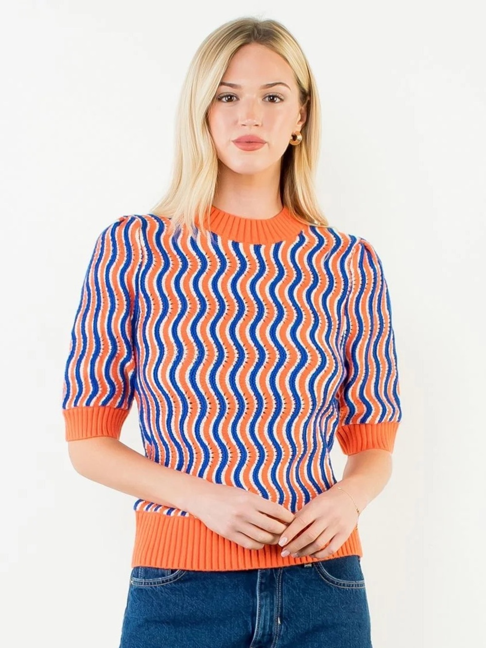 NWT THML Orange Blue and White Wavy Striped Sweater sz L